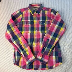 Hollister Pink and Blue Madras Plaid Button Down Shirt